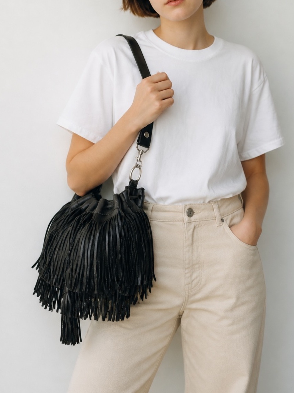 McFadin Fringed Black Leather Handmade Boho Crossbody Bag with Adjustable Strap